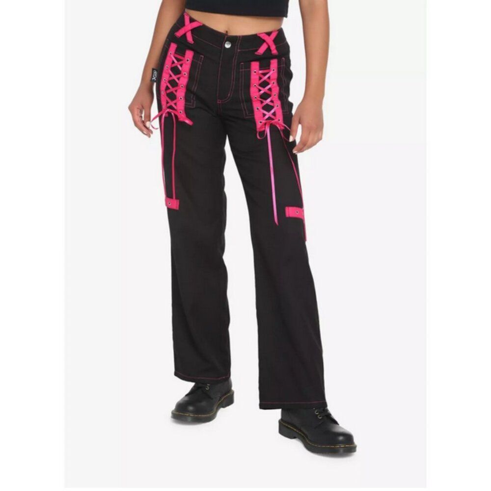 TRIPP NYC Royal Bones Corset Lace Up Wide Leg Jeans Goth Y2K Mall Black Pink 5